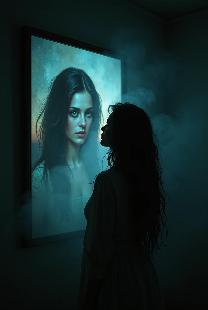 Realizing the Trapped Soul: Lydia, now anxious and afraid, stares at the painting with growing dread. She is beginning to realize that the woman in the portrait is not just a subject but a trapped soul. The atmosphere is thick with tension, and the painting’s eyes seem to gaze back at her with a pleading intensity.