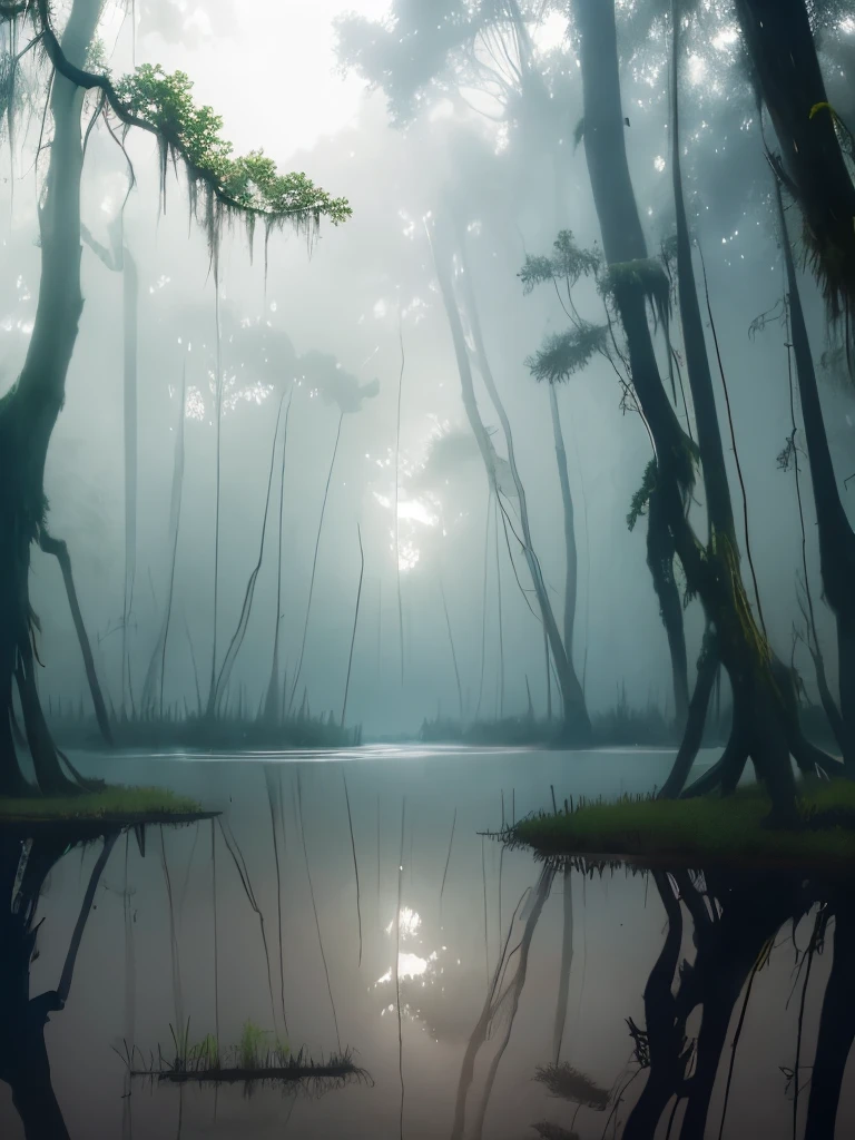 trees in the water are covered with moss and are reflected in the water, a matte painting by roger deakins, flickr, land art, foggy swamp, swampy atmosphere, swamps, scene from louisiana swamps, misty swamp, louisiana swamps, artistic swamp with mystic fog, located in a swamp at sunrise, swamp forest, eerie!!! atmosphere, eerie!