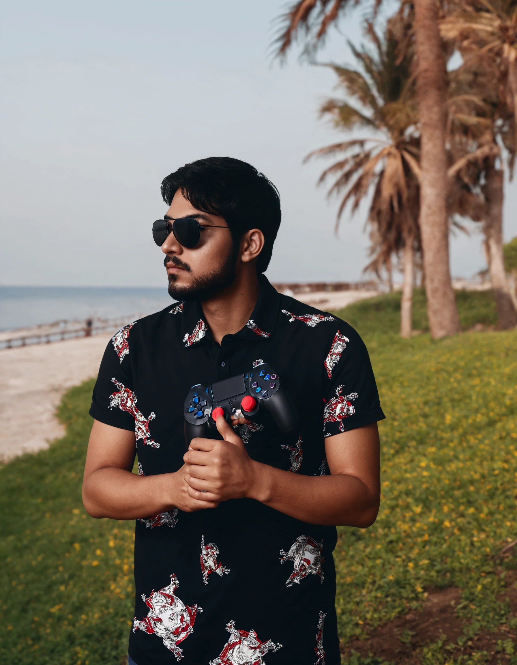 Convert this person into gaming picture holding play station 5 joystick in hand with background FC 24 with bright edit on face and entire image