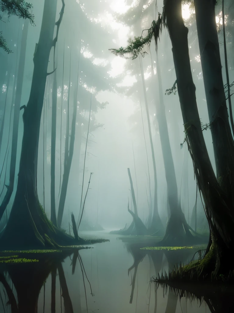 trees in the water are covered with moss and are reflected in the water, a matte painting by roger deakins, flickr, land art, foggy swamp, swampy atmosphere, swamps, scene from louisiana swamps, misty swamp, louisiana swamps, artistic swamp with mystic fog, located in a swamp at sunrise, swamp forest, eerie!!! atmosphere, eerie!