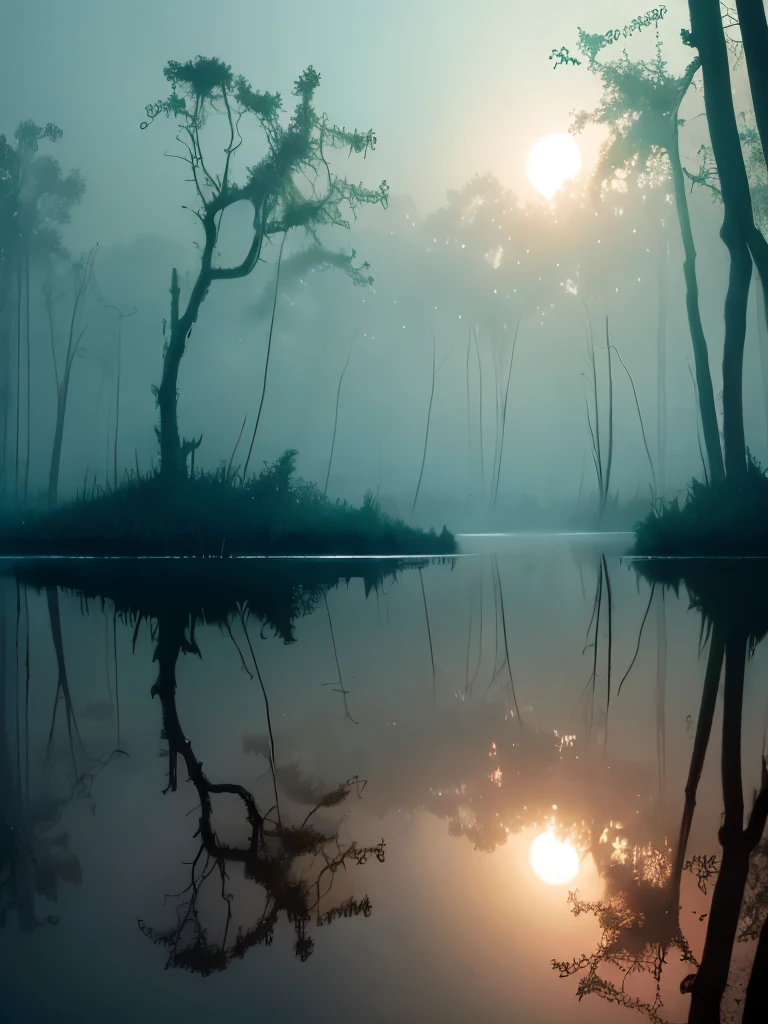 trees in the water are covered with moss and are reflected in the water, a matte painting by roger deakins, flickr, land art, foggy swamp, swampy atmosphere, swamps, scene from louisiana swamps, misty swamp, louisiana swamps, artistic swamp with mystic fog, located in a swamp at sunrise, swamp forest, eerie!!! atmosphere, eerie!