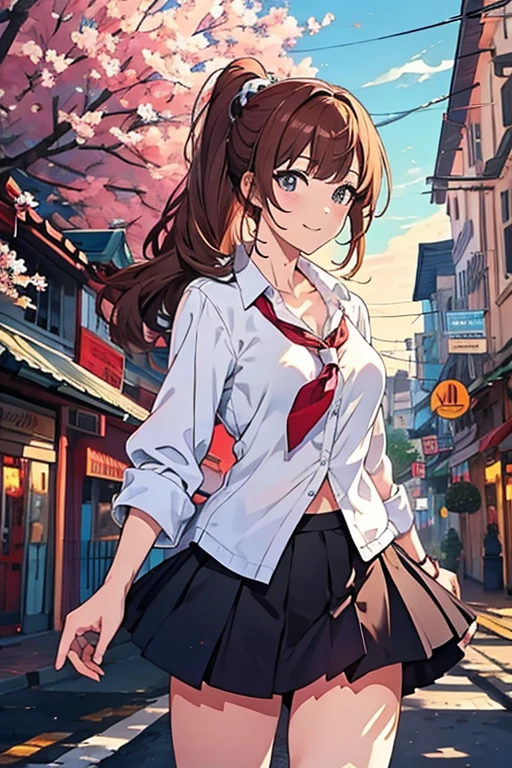 One person, Chestnut Hair, Some ponytail hairstyles, Asymmetrical bangs, Large Breasts, smile, Droopy eyes, perspective, High School Uniform,Anime Style, Nice body,Knee-length skirt,serious,Hair blowing in the wind, 