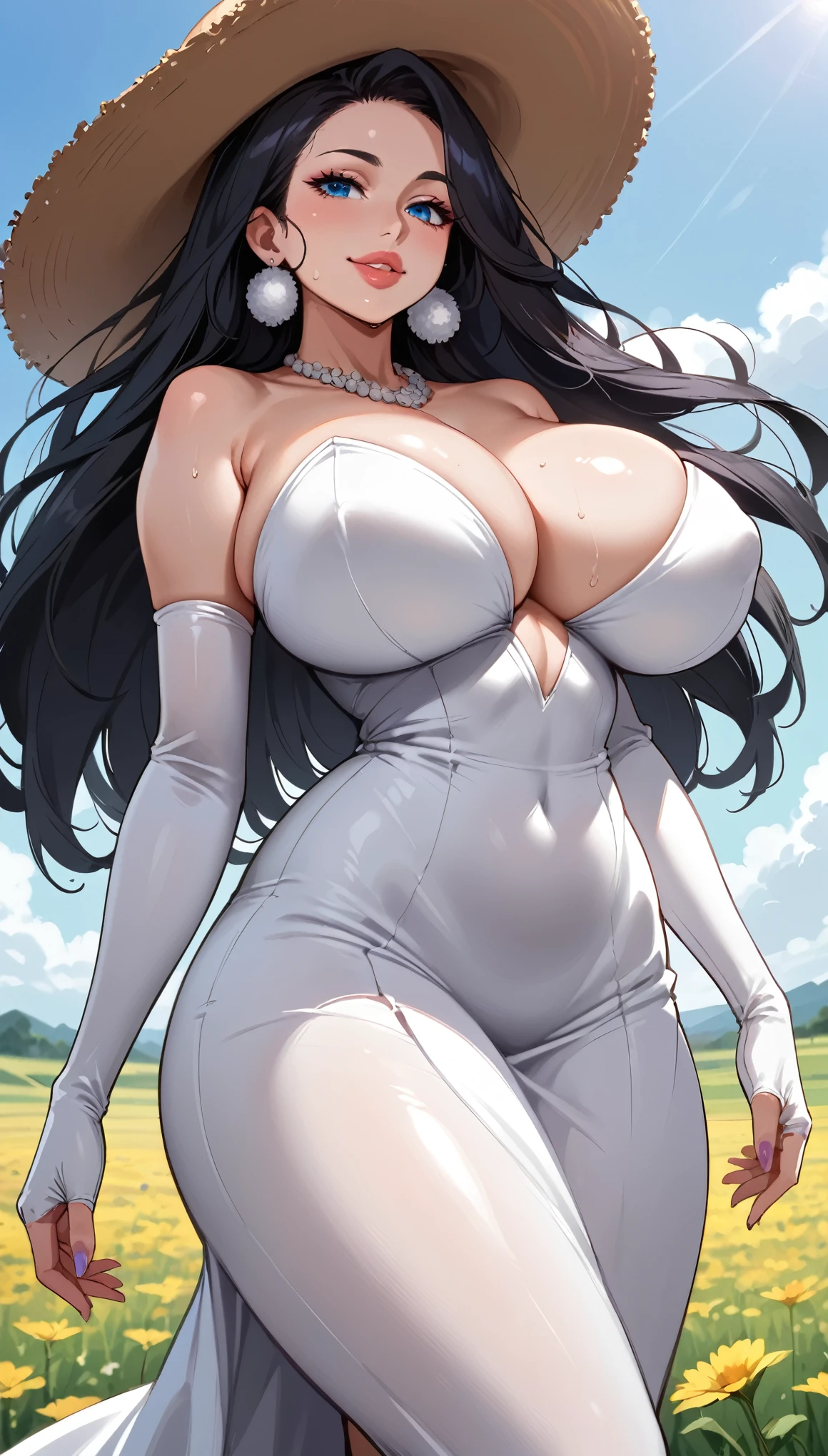 mature female, mom, milf, 40 year old woman, very long black hair, straight hair, blue eyes, ((thick lips)), (puffy lips), smile, parted lips, makeup, tall, wide waist, ((wide hips)), ((thick thighs)), long legs, (huge breasts), (cleavage), tall, oily breasts, (big hat), white dress, arm gloves, big earrings, necklace, outdoors, field, flower field, (sexy pose), dynamic pose, hip and thigh focus, sweating, oily breasts, realistic lighting, head tilt, painted nails, (from below), dutch angle, (side view)
