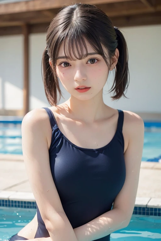 ((Upper body nude)）((Upper body nude)）One Girl, (A beauty girl, Delicate girl:1.3), (:1.3), break, (Navy School Swimsuit:1.3), break, Very detailedな明瞭さ, (Symmetrical eyes:1.3), break, (School swimming pool, Outdoor:1.3), break, Small breasts、 Brown eyes, Twin tails、 Brown Hair, , break, (Eye and facial details:1.0), break, (masterpiece, Highest quality, Very detailed, Detailed face, 8k)