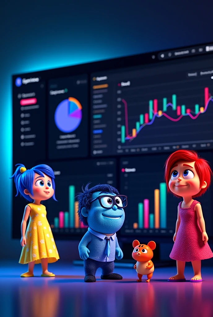 Expense Dashboard, with the Inside Out theme, a modern dark background, and expense indicators featuring the cartoon characters 
