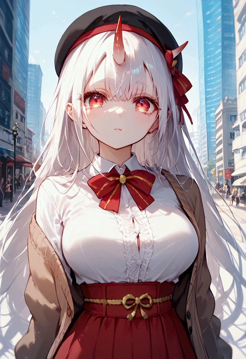 score_9, score_8_up, score_7_up, source_anime, (masterpiece), best quality, expressive eyes, perfect eyes, perfect face, oni girl, oni horns, red eyes, soft lips,  long hair, very long hair, wide hips, (white hair:1.2), (white eyebrows:1), (white eyelashes:1), medium breasts:0.5, higuchi madoka, big breasts:0.3, standing, background: City, brown cardigan, open cardigan, white shirt, high-waist skirt, beret