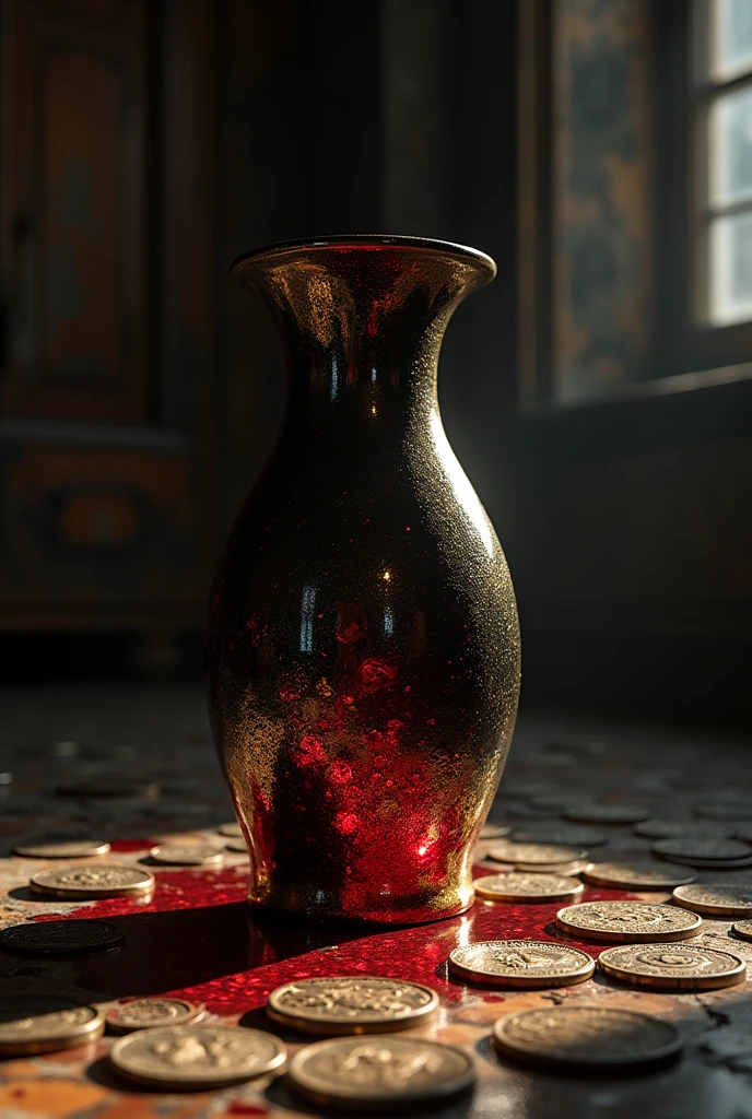 Drops of blood fill a slanting vase of black and gold, with coins scattered on the floor.
