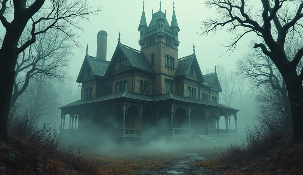 /imagine prompt: An imposing, abandoned Victorian mansion shrouded in thick mist, with gothic towers, broken windows, and dry vines partially covering the walls. The surrounding forest is dense, with skeletal trees and twisted branches reaching towards the house, as if trying to engulf it, digital illustration in the style of Tim Burton, the scene is depicted with muted, dark colors and exaggerated shadows, creating a surreal, eerie mood --v 5 --stylize 1000