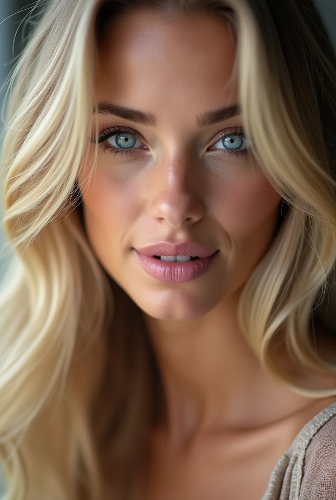 22 years old , big bust , Blonde with blue eyes, sexly , big bust, big titts, long bionde hair , big lips , big lips , bionde , make up , beautiful make up (looking in the camera )( CLOSE UO FROM THE FACE ))