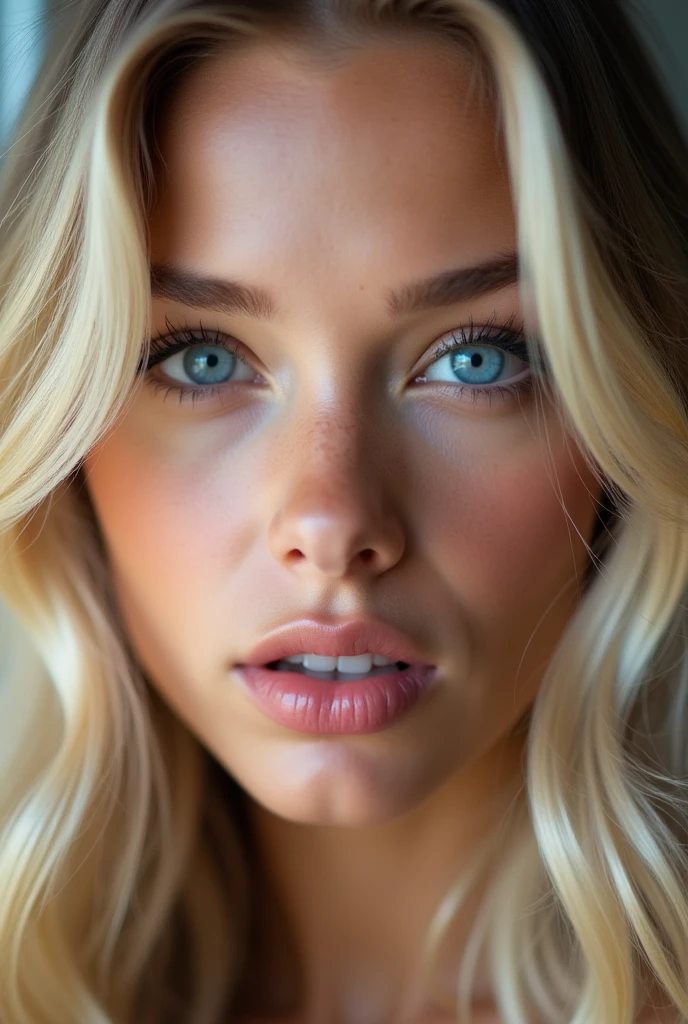 22 years old , big bust , Blonde with blue eyes, sexly , big bust, big titts, long bionde hair , big lips , big lips , bionde , make up , beautiful make up (looking in the camera )( CLOSE UO FROM THE FACE ))