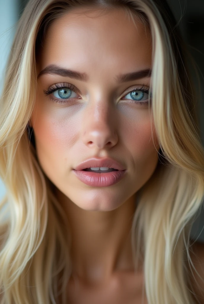 22 years old , big bust , Blonde with blue eyes, sexly , big bust, big titts, long bionde hair , big lips , big lips , bionde , make up , beautiful make up (looking in the camera )( CLOSE UO FROM THE FACE ))