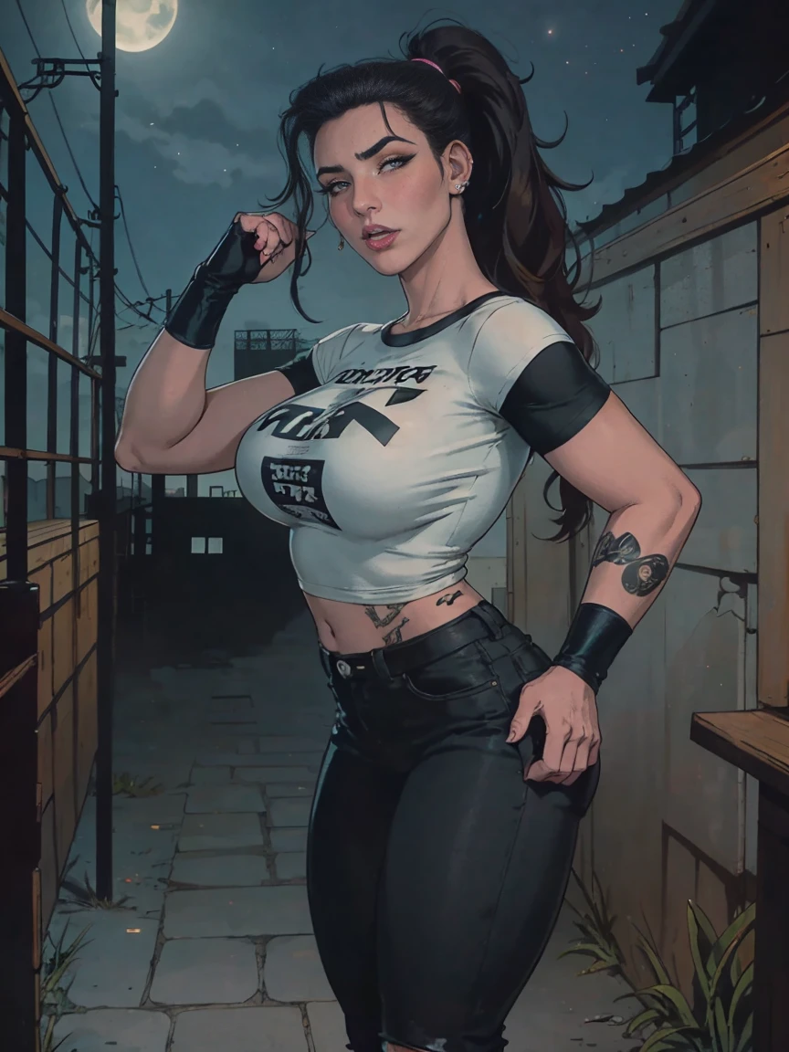 Extremely busty thin and toned brunette death metal girl, strung out, sleepy, stoned, fair skin, big hair, huge ponytail, hair pulled back, soft face, athletic, heavy makeup, piercings, grey t-shirt, grey tee shirt, studs, black pants, boots, fingerless gloves. black butterfly tattoos. standing in a dark alley at night. Outdoors, exterior, Nighttime. neon lights. (detailed background.)