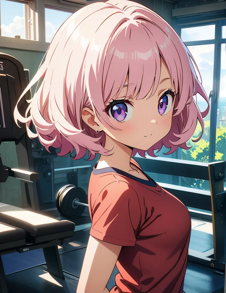 (anime artwork, anime style, studio anime, very detailed, up to date, vibrant, Anime Coloring, high contrast, masterpiece:1.2, best quality, best aesthetics),1 girl, Medium chest,random hair, One eye is hidden by the bangs, perfect proportions, high detail skin, Cute, detailed faces,gym,side chest pose,body building,