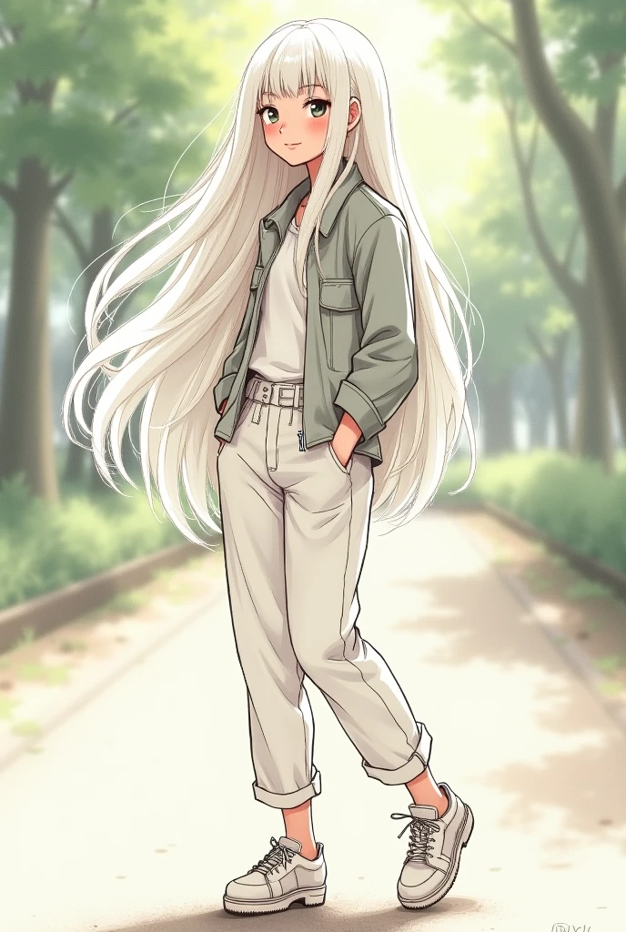 Handmade sketch of a woman, with long white hair, hair down to the foot, ager, Chinese, shirt, canvas pants, heel toe. 