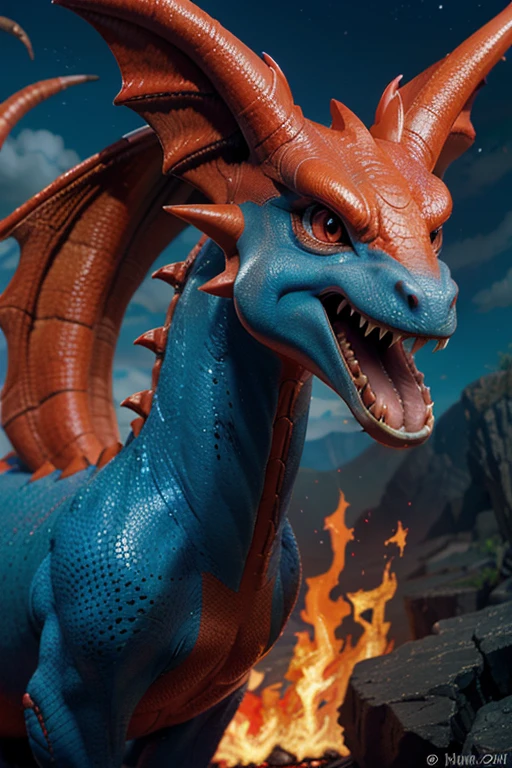 a close up of a cartoon dragon with a red and blue tail, similar to pokemon, dra the dragon, a red dragon, guggimon, new pokemon, fire type, style of pokemon, but as an anthropomorphic dragon, roshan, legendary dragon, portrait of a zentaur, charizard, slifer the sky dragon, official art