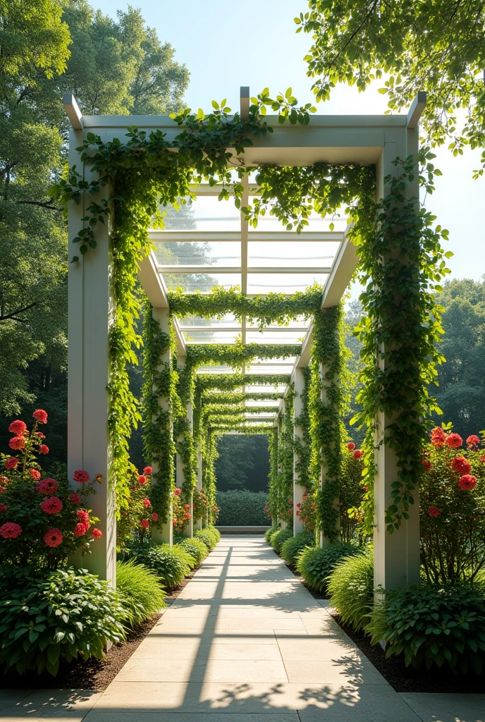 An image of a pergola with vegetation and wood and polycarbonate material with white colors , Red and transparent should have a square shape generating movement.

