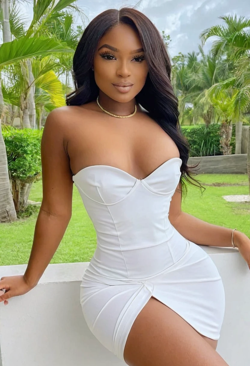 ((high quality:1.2)), (8k), extremely detailed, ((High detail:1.2)), ((best resolution:1.4)), Solo, ((HotLexi 24 years old Angolan female)), ((tight short dress strapless)), BREAK, (((perfect hourglass hot body))), (((square and defined face of an extremely perfect and beautiful model))),