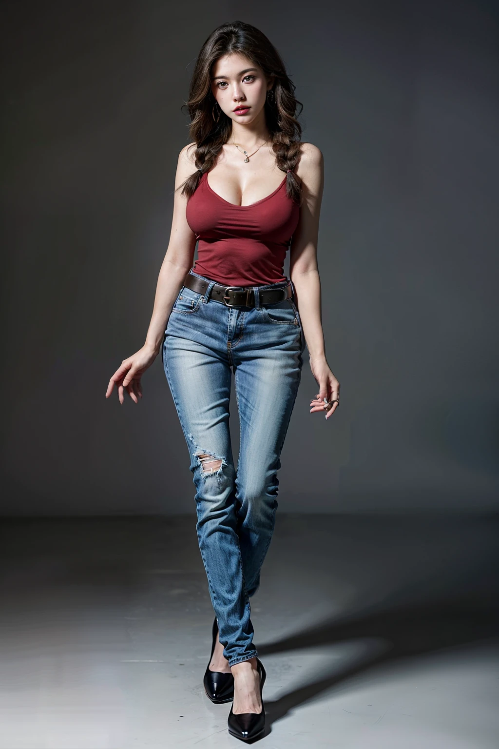 (RAW shooting, Photoreal:1.5, 8k, highest quality, masterpiece, ultra high resolution), perfect dynamic composition:1.2, Highly detailed skin and facial textures:1.2, 1girl:1, caucasian:1,Glamourous female, beautiful and aesthetic:1.2, sexy beauty, perfect style, belief, Strong-willed, revenge, Fair skin, very beautiful face, (large breast:1.4, Chest gap:1.4), (beautiful eyes, Eyes that feel beautiful eros:1.0), (Too erotic:0.9, Bewitching:0.9), (full body photo:2), (perfect limbs:1.2), (perfect fingers:1.2),(earrings,necklace,perfect thigh,make up,red top:2, skinny jeans:2, sleeveless:1.4, shoes,single braid,brown hair,belt:2,hands on thigh),(simple background:1),(((sitting))),