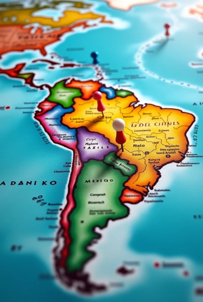 make a picture, as if it were the zoom of the world map in all of America. Drop location pins in your home city: Florianópolis and place pins in the destination cities: Montevideo, Mexico City and Salvador Bahia. The image must be in color and with good resolution..