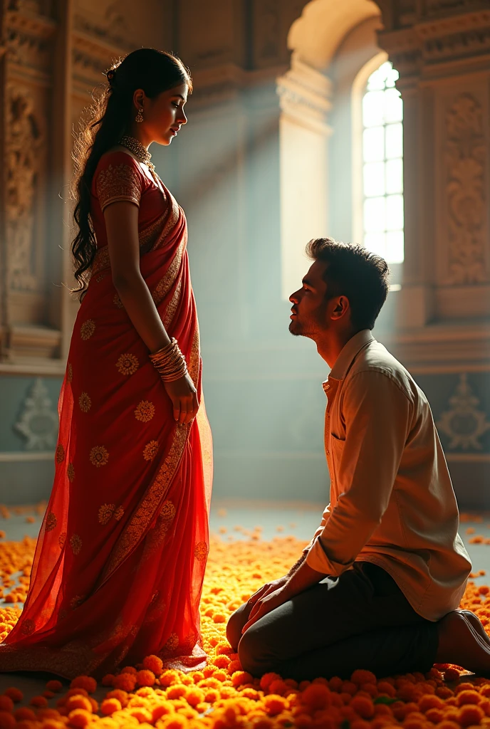 A beautiful nepali woman in nepali tradition outfit is being bowed down and on his knees by a devoted man. The nepali woman should look like a Goddess lady and the background should be a temple. The man should touch her feet with his head.
