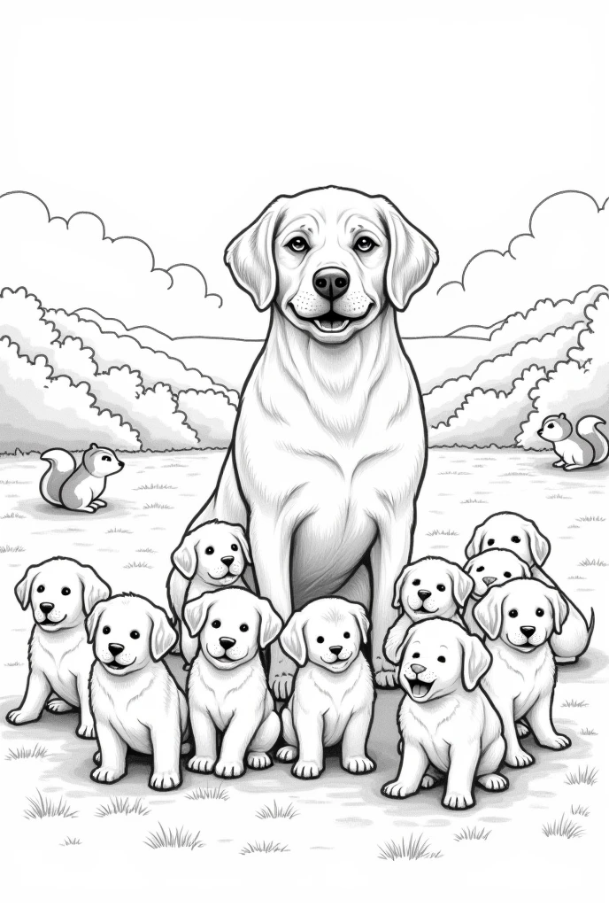 I want a black and white drawing to color of a dog with many puppies