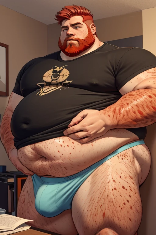 Man ( 40 yo, red haired, freckled, extremely a lot of freckles, In underpants, extremely huge belly, extremely fat ( 1000 lb: 1.1 ), huge bloated body ), in the bad with , extremely huge and not human size difference