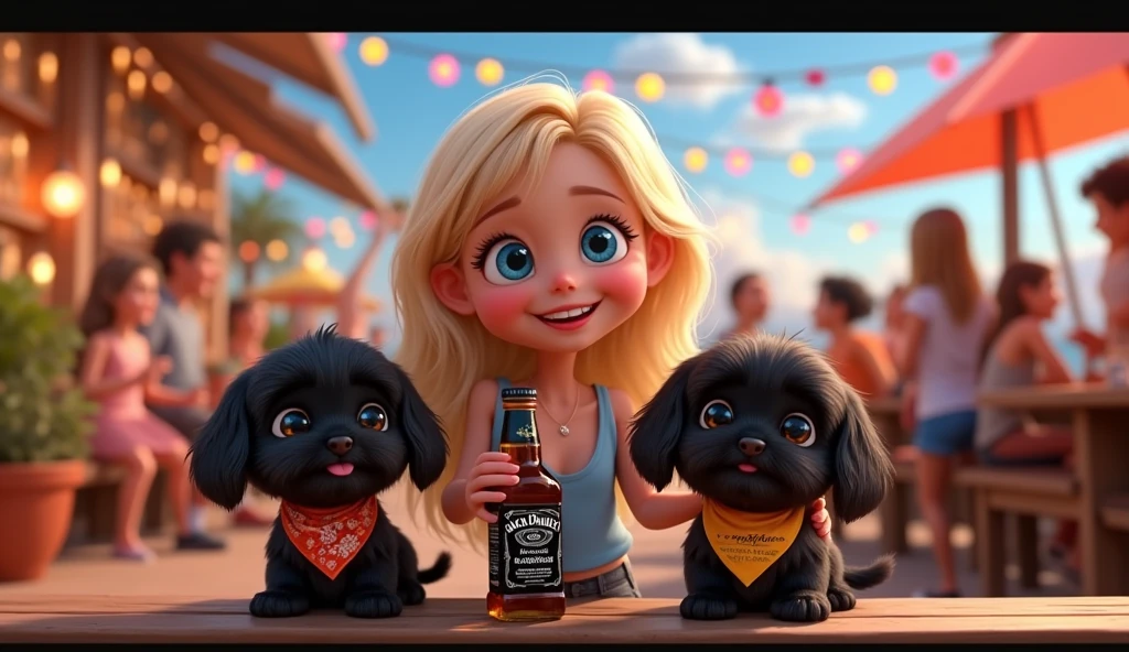 Cute blonde giirl with big blue eyes 2 adorable black shih tzu puppies with big blue eyes wearing bright collars and bandanas holding a bottle of jack daniels and a bottle of coke two shot glasses having a party on a disney rooftop everybody at the bar getting tipsy 3D Pixar style