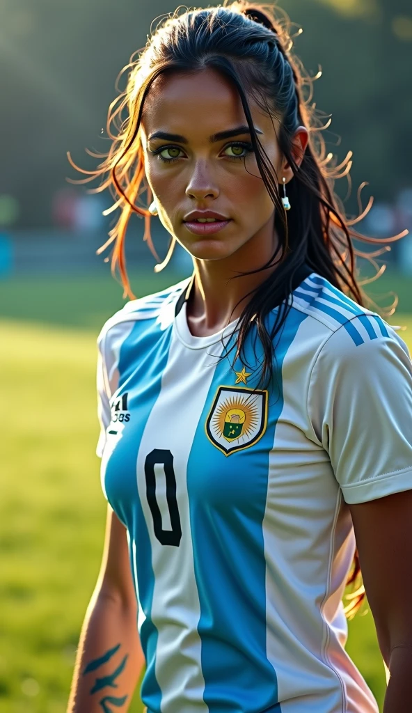 A very beautiful woman shooting in an Argentina national team uniform