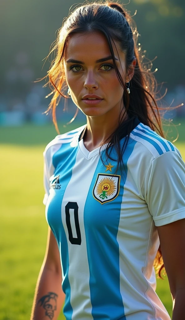 A very beautiful woman shooting in an Argentina national team uniform