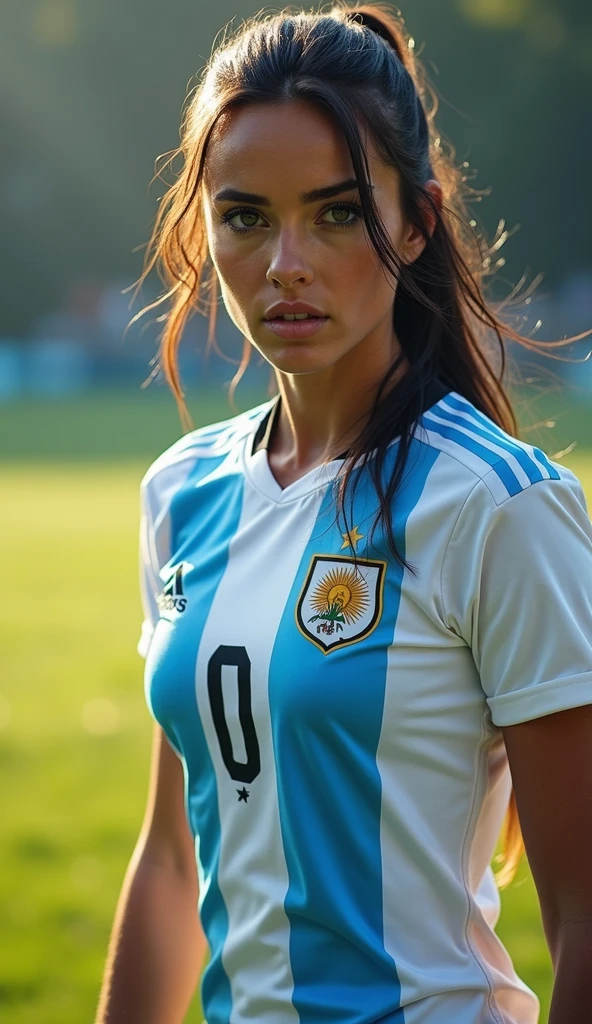 A very beautiful woman shooting in an Argentina national team uniform