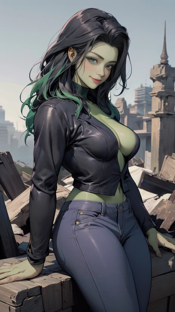 Realistic She-Hulk Oil Painting, 1 girl, Raven, hot body, sculptural body, dynamic sensual pose, soft smiling, stretched skin, standing, ,( great smile), skin detailed, (medium breasts: 1.5), motion lines, trunk, trunk, portraite, B&au. contour, in anime tarot card art style, chic, glamourous, reflection, Brilhar, somBreamento, pantyhose 40 dinier, mic, (upper body view), (looking for viewer), (three-quarter view), Beco, rim lighting, two tone lighting, poor lighting (highly quality, oBra de arte, detailded), Destroyed city detailded scenario, Destroyed detailded Background, 20 years old, Shehulk, standing alone, greenskin, caBelo verde escuro, colored fur, purple/Topo Branco, leather top, purple/calça Branca, multicolored pants, leather pants, top cut, purple/mangas Brancas, long sleeves, purple/luvas Brancas, umBigo, Jumpy, Sitting on a stone, gorgeous eyes, perfects eyes, gazing at viewer, pose sexy