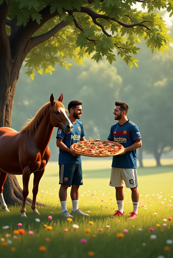 Lionel Messi and Cristiano Ronaldo eating pizza with a horse 
