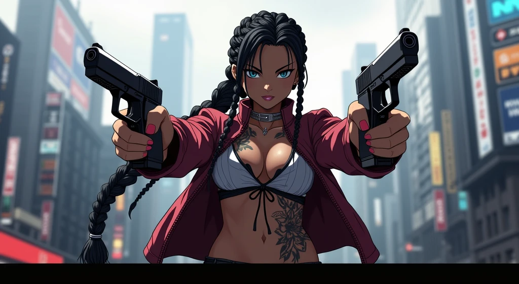 black anime character in braids with guns duel wielding