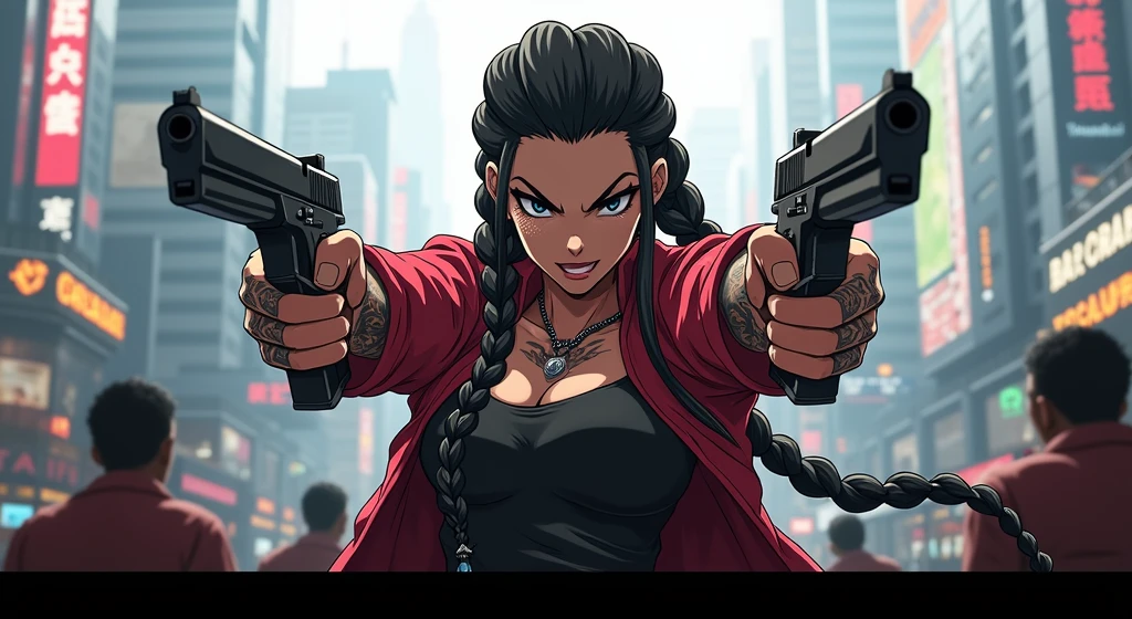 black anime character in braids with guns duel wielding