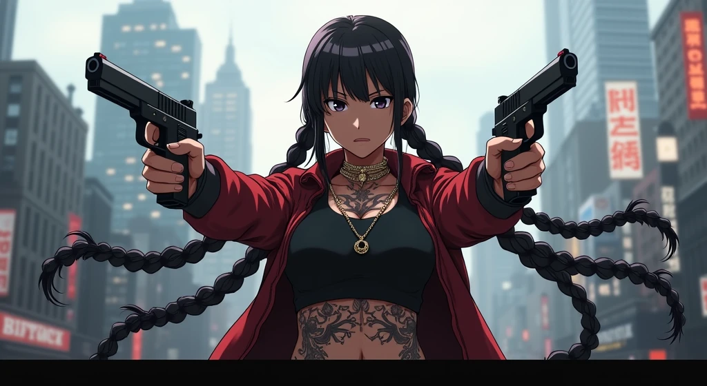 black anime character in braids with guns duel wielding