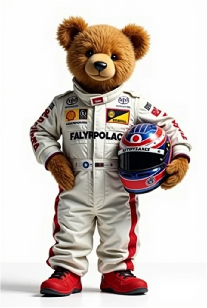 The Ralph Lauren Polo Bear dressed in Formula 1 attire against a white background