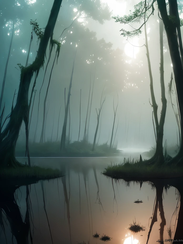 trees in the water are covered with moss and are reflected in the water, a matte painting by roger deakins, flickr, land art, foggy swamp, swampy atmosphere, swamps, scene from louisiana swamps, misty swamp, louisiana swamps, artistic swamp with mystic fog, located in a swamp at sunrise, swamp forest, eerie!!! atmosphere, eerie!