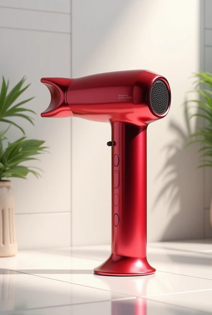 a red dryer without a technological nozzle, wireless, with air outlet below, nanotechnology metal
