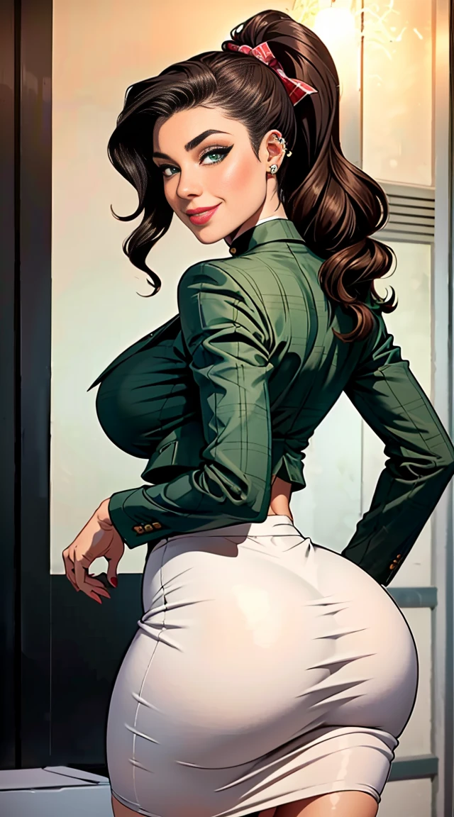 Best quality, solo mature woman, giant breasts, giant ass, very curvy, wavy hair in high pony, green eyes, full lips, seductive, pale yellow plaid blazer, white turtle neck, tight pencil skirt, hair bow, cute smile, curvy physique, flowery choker, multiple piercings, bimbo