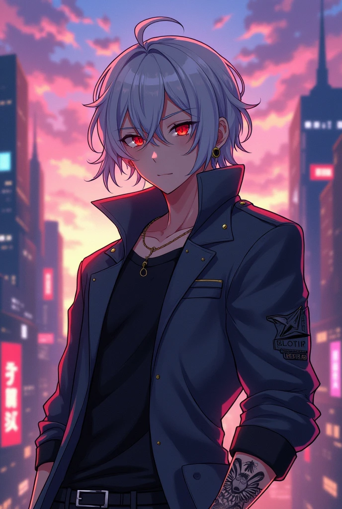 Create an Anime character with medium white hair and red eyes, male. 