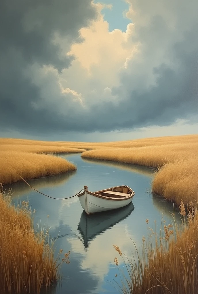 Create a painting of a small white boat tied to a rope. Dry pasture landscape around the boat and cloudy sky.