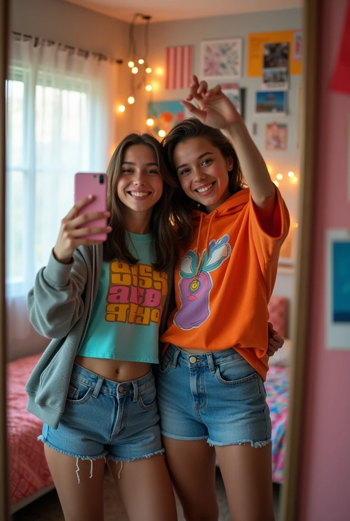 2 teenagers taking a selfie in front of the mirror