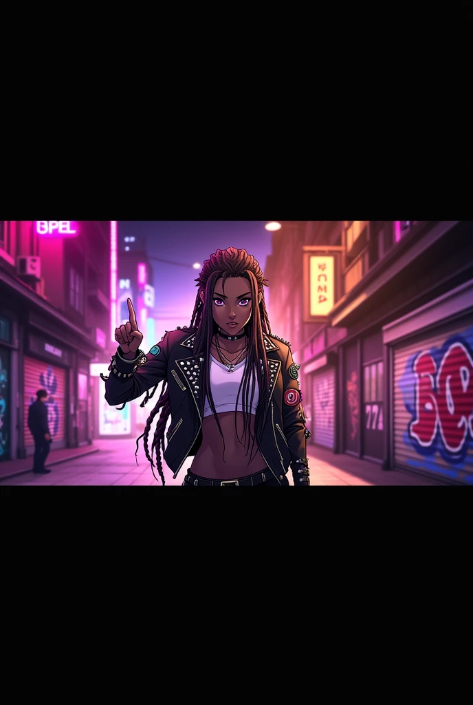 black anime character in braids with punkrock leather jacket with the middle finger