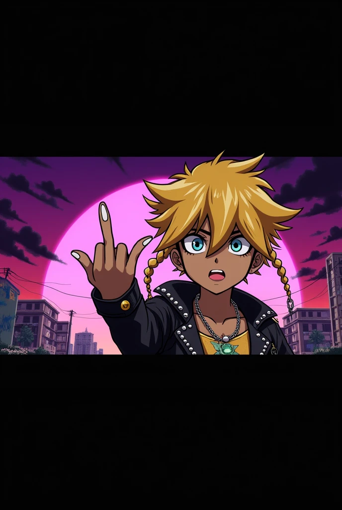 black anime character in braids with punkrock leather jacket with the middle finger