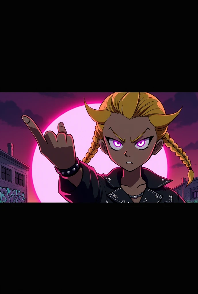 black anime character in braids with punkrock leather jacket with the middle finger