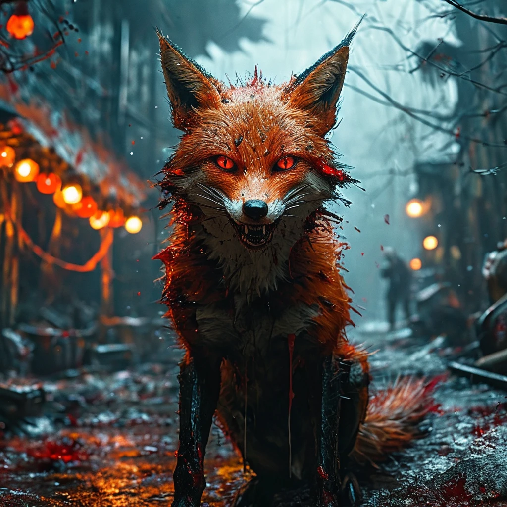 A fierce and terrifying demonic anthropomorphic fox standing amidst a dark and eerie setting. Its fur is intricately detailed, mottled with shades of black and crimson. Sharp, gleaming claws rip through flesh with brutal intensity, while blood splatters and gore create a gruesome scene. The fox’s eyes glow a malevolent red, its sinister expression amplified by rows of jagged, razor-sharp teeth. The overall atmosphere is one of dread and horror, capturing the essence of a monstrous being reveling in chaos and carnage, Dark and eerie atmosphere
Intense, brutal, Blood, gore, Sharp teeth, claws, Glowing red eyes, Sinister expression, Detailed fur texture, Vivid, realistic, BREAK, (best quality,8k,highres,masterpiece:1.2),ultra-detailed,(realistic,photorealistic,photo-realistic:1.37),HDR,UHD,studio lighting,ultra-fine painting,sharp focus,physically-based rendering,extreme detail description,professional,vivid colors,dark,gritty,horror,cinematic,dramatic lighting