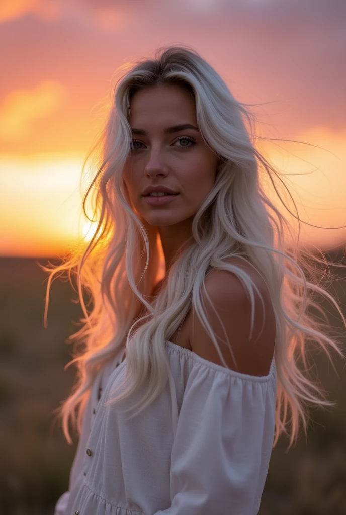 white woman long hair with white highlights