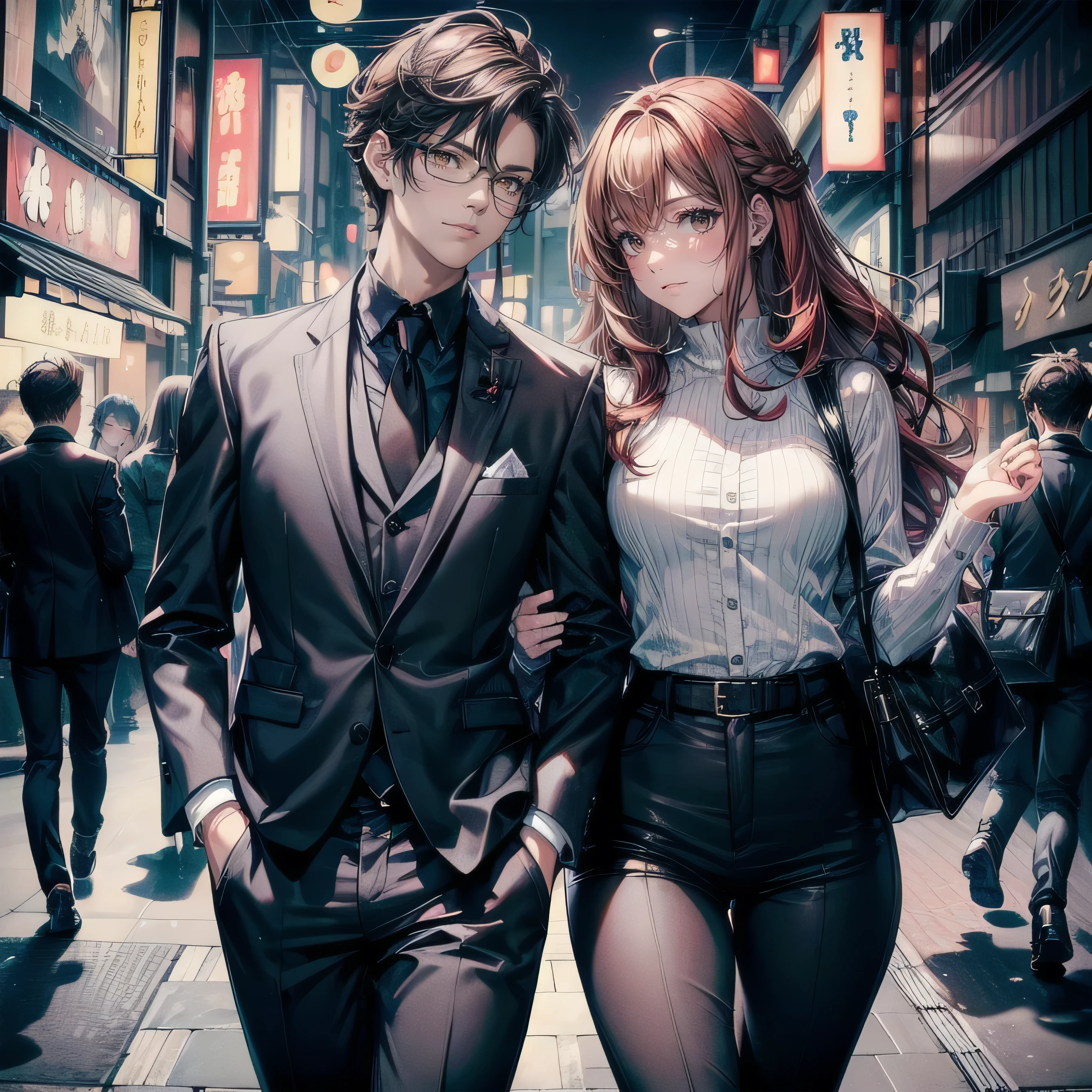 masculine, elegant, mature boy, high school student, dark brown haired boy, masculine, manly, small rear, beautiful detailed full dark brown eyes, wearing glasses, perfect eyes, ropa juvenil elegant hombre, black pants, the boy is more mature, mature boy)) (detailed lighting), ((detailed background)), ((romantic date at night walking through the streets of Tokyo)), full body shot, ((5 perfect every finger, perfect end, whole finger, perfect finger, perfect arm)) ((man and woman)) is much smaller than the boy))) ((couple of a girl and a boy)) ((big)) (((the boy is very tall, the girl is very short))) ((perfect fingers, perfect hands)) ((perfect feet)) ((kiss face to face, very close)) ((perfect detailed face)).look at each other, smilling at each other, the girl has a well endowed body, red hair, blue eyes, long hair, wavy hair
