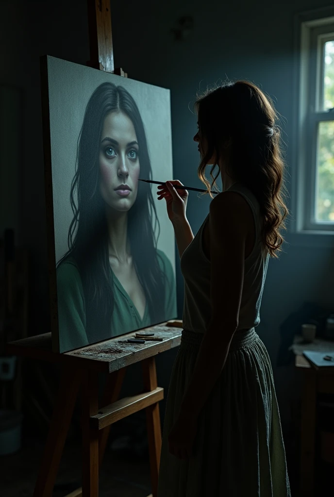 The Final Brushstroke: The moment Lydia adds the last brushstroke, the scene becomes surreal and chilling. Lydia’s face is frozen in horror as she finds herself unable to move. The portrait is now fully complete, with the woman’s face fully realized and staring forward with a serene, satisfied expression.