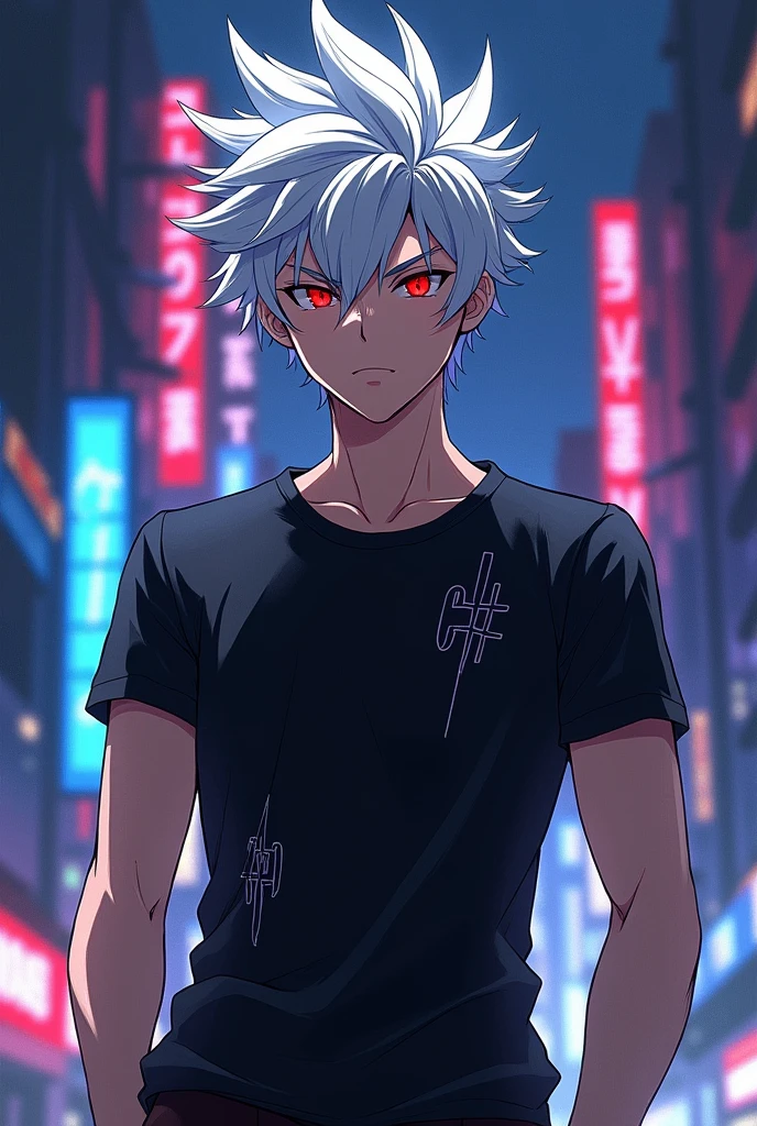 male character, with spiky white hair, Eyes red. black tee. Design de anime